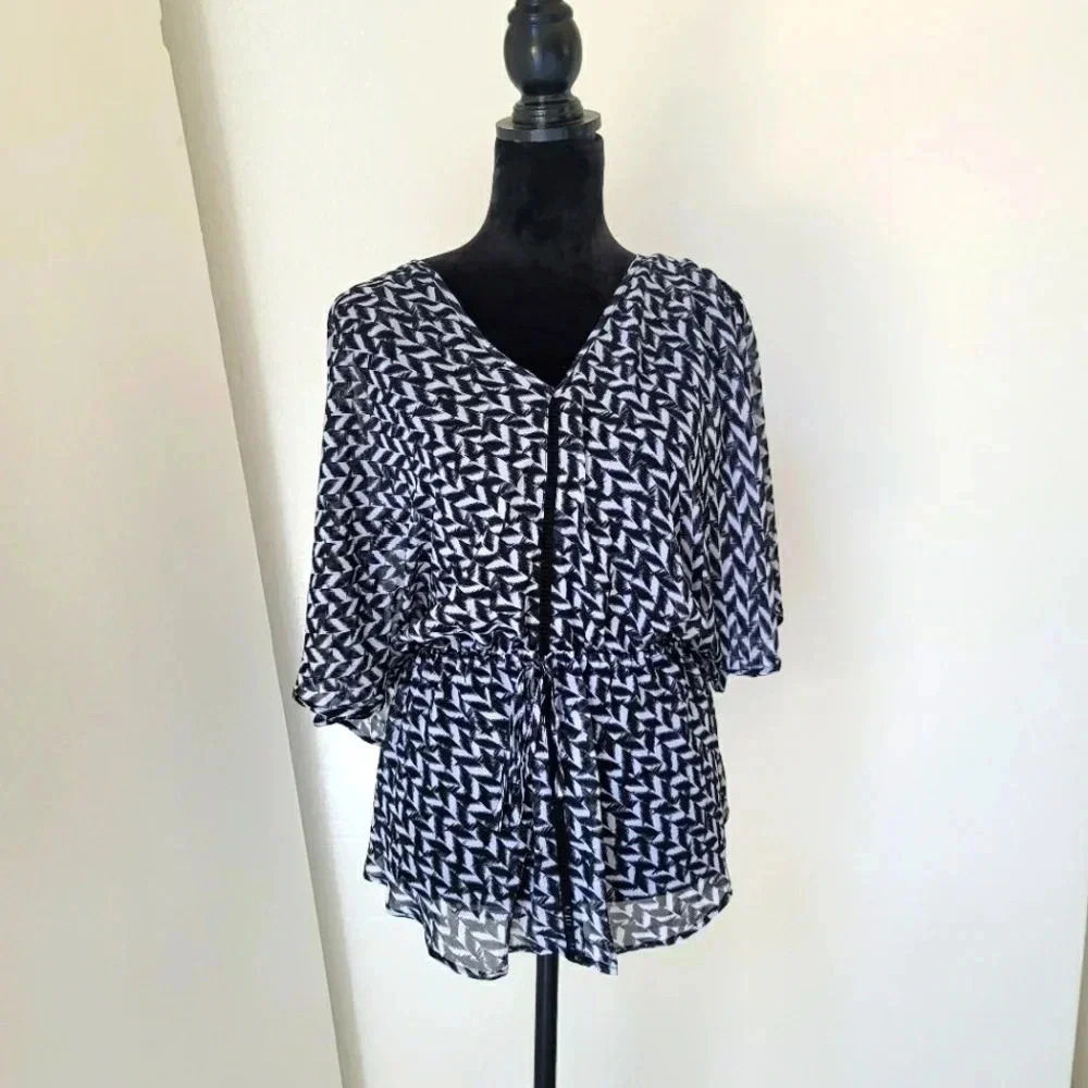 Womens A.N.A. White Black Boho Geometric Print Sheer Top Blouse Sz L